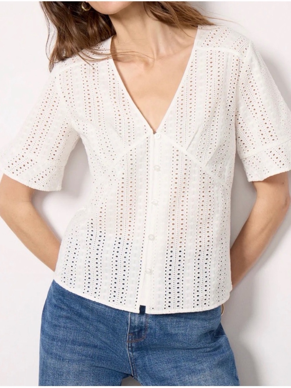 Evereve Lottie White Eyelet Button-Front Blouse